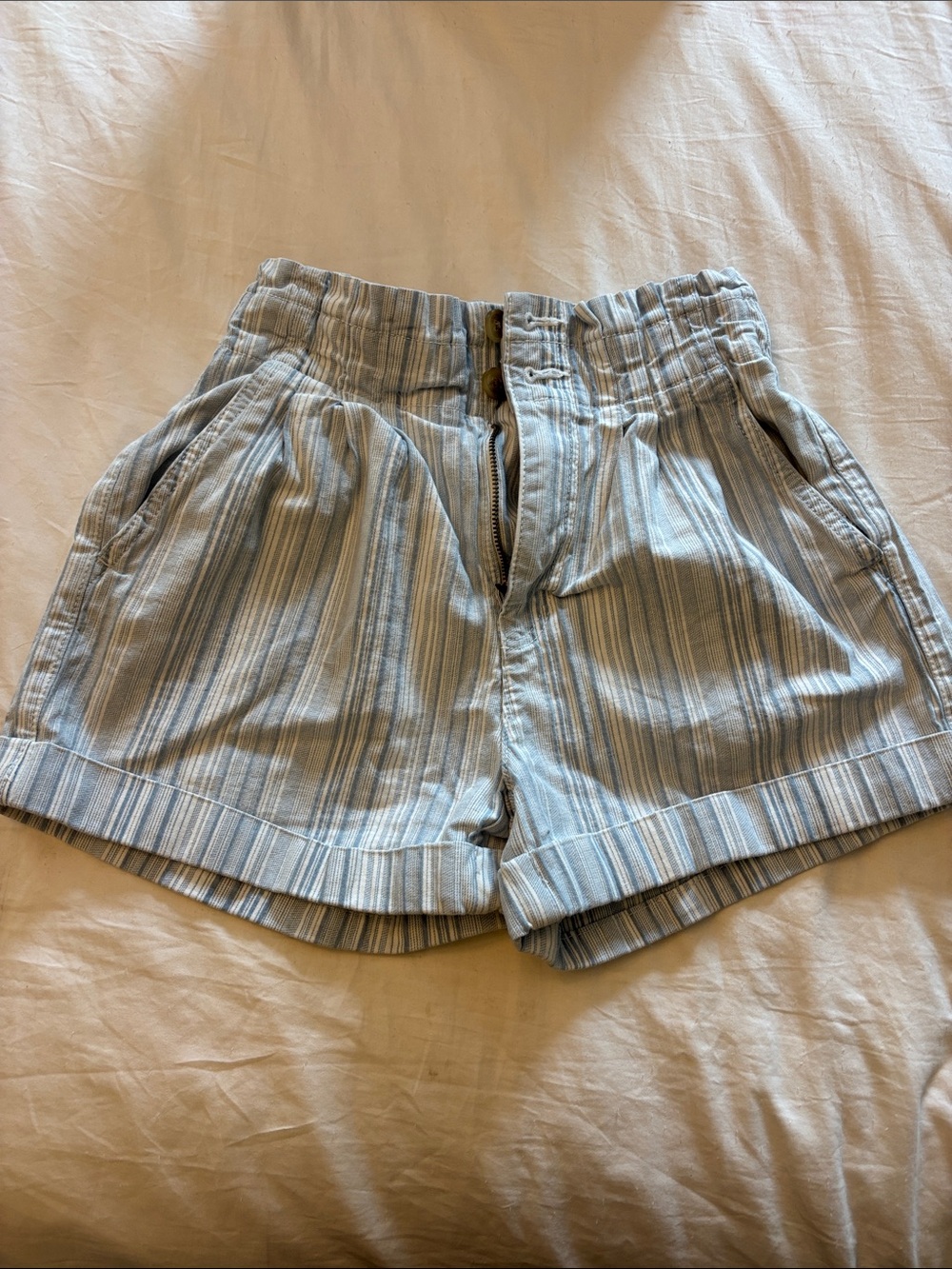 American Eagle Outfitters Light Blue Striped High-Waist Shorts